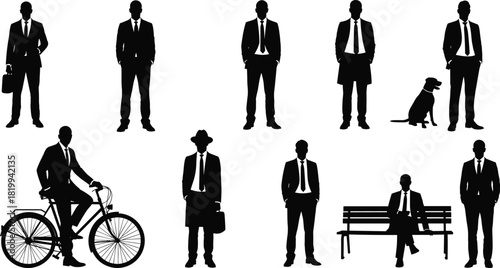 Collection of Businessman Silhouettes Vector Illustration Set, Featuring Professionals in Suits, Carrying Briefcases, Biking, and Waiting, for Corporate and Urban Graphics
