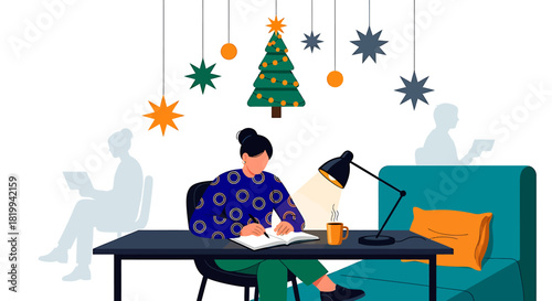 Woman working at desk with Christmas decorations, focused and festive.