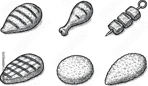 Hand drawn vintage grilled meat steak, chicken drumstick, kebab skewer and fried cutlet illustration set