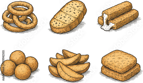 Color hand drawn snack set with onion rings, garlic bread, cheese sticks, wedges and fried bites illustration