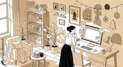Woman working from home in cozy, festive workspace illustration.