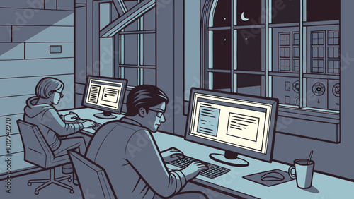 Couple watching cartoon illustration of people working at a computer desk with a laptop monitor and keyboard