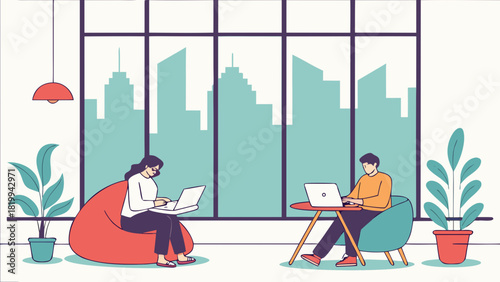 Vector illustration of a businessman and a businesswoman in an urban cafe building, working together like a cartoon