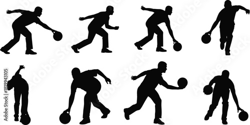 Dynamic Set of Bowling Player Silhouettes Vector Illustration, Capturing Men in Various Throwing and Release Action Poses for Sport, Recreation, and Leisure Graphics
