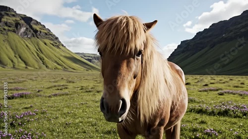 Brown Horse Standing In Green Grassy Field With Purple Flowers