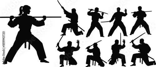 Female martial artist staff weapon training and male samurai warrior swordsmanship fighting poses black silhouette vector illustration set, traditional Japanese martial arts combat exercise.