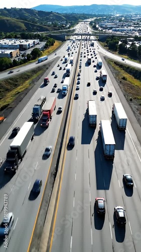 Busy Highway Traffic Aerial View With Trucks Cars and Overpass