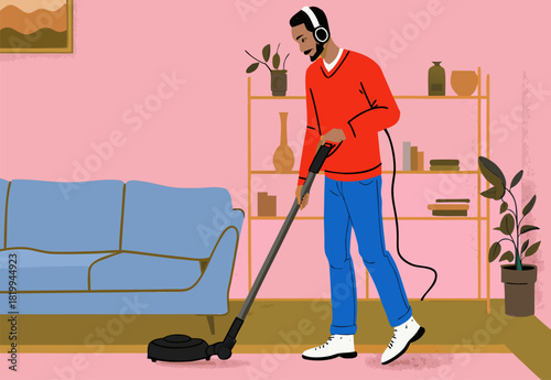 Man Vacuuming Living Room Carpet While Listening to Music with Headphones