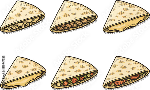 Color hand drawn stuffed flatbread set with cheese, meat and vegetable fillings illustration