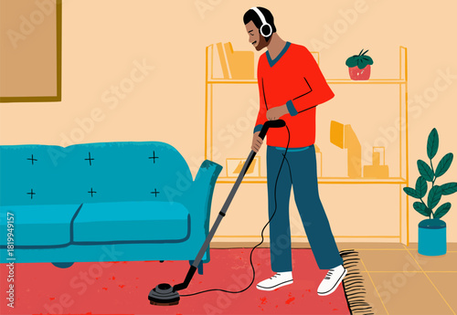 Man in Red Sweater Vacuums Living Room Carpet with Headphones