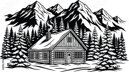 Black and white vintage vector illustration of a log cabin nestled in a pine forest, with large snowy mountains in the background, isolated wilderness landscape design.