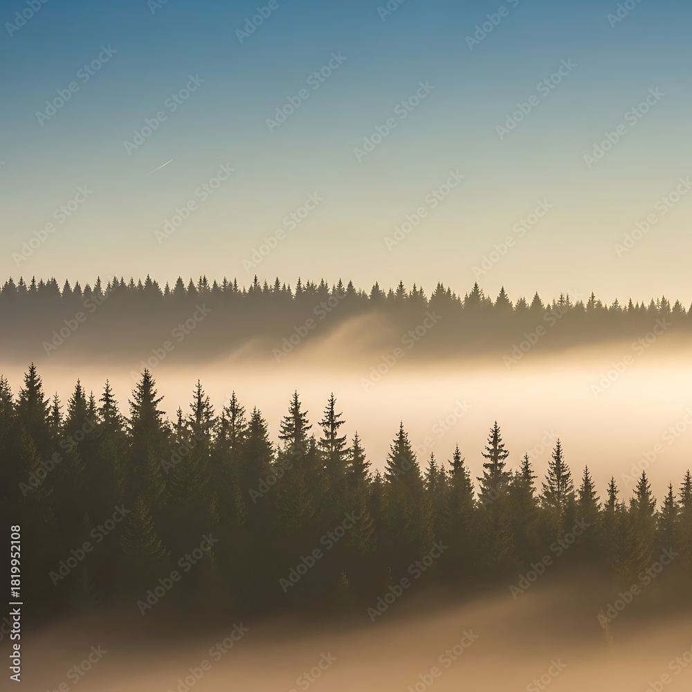 Fototapeta premium Misty coniferous forest at sunrise in serene countryside atmosphere