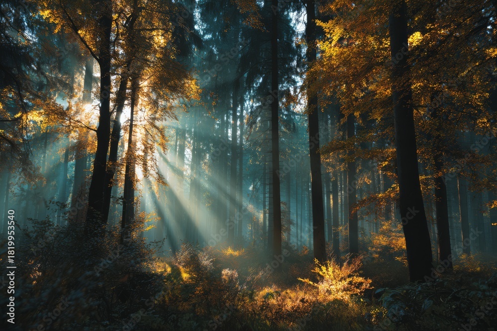 Naklejka premium Forest of tall trees with golden leaves and dramatic sun rays.