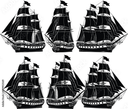 Black Silhouette of Six Detailed Old Sailing Ships, Vintage Frigates and Warships with Full Sails, Isolated Vector Illustration Set for Nautical and Maritime Themes, Ocean Travel