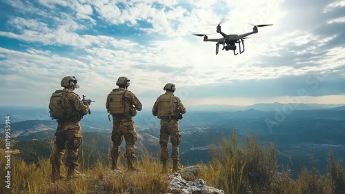Team of soldiers on a mountain ridge utilizing a surveillance drone for a tactical reconnaissance mission under a blue sky