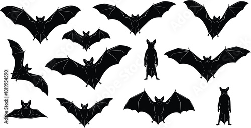 Black Silhouettes Set of Bats in Different Flying and Standing Poses, Representing Halloween, Spooky Night, Mammals, and Scary Animal Vector Graphic Elements