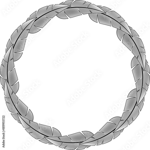 Detailed vector line art of a circular wreath frame made of overlapping feathers. Boho aesthetic