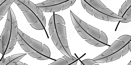 Seamless vector line art pattern of detailed feathers. Ideal for boho backgrounds and textiles