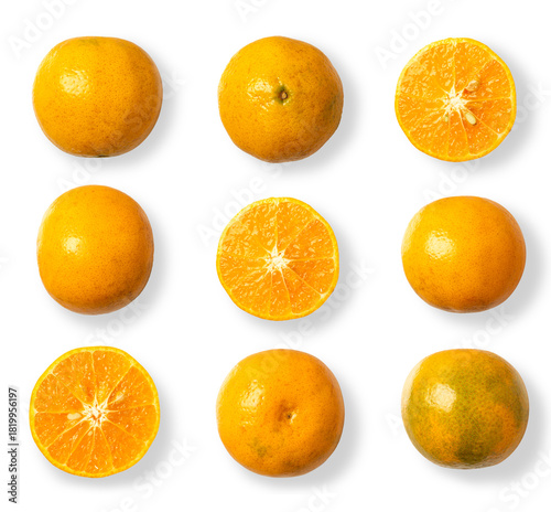Set of whole and half orange fruits isolated on white background. top view