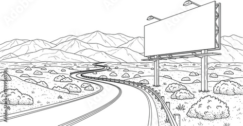 Blank highway billboard mockup sign standing next to a winding road in a desert mountain landscape, black and white vector sketch illustration for travel and advertisement design template.