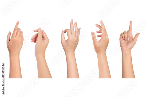 Set of woman hand gestures collection isolated on white background.