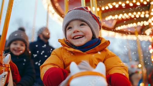 Captivating christmas carousel experience with joyful children under festive lights