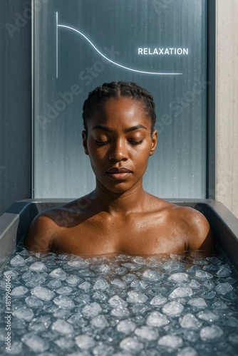 A young Black woman with braided hair relaxes in a cold plunge tub filled with ice. A graph labeled 'RELAXATION' is visible in the background.
