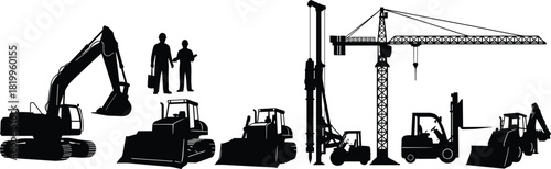 Heavy Construction Equipment and Engineers Black Silhouettes Set, Including Crane, Excavator, Bulldozer, Forklift, and Drill Rig, for Engineering and Building Vector Graphic