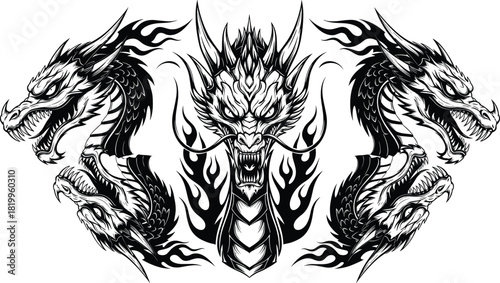 Furious Black and White Dragon Head Illustration Set, Intricate Mythological Creature Design with Flames, Isolated Vector Graphic for Tattoo and Apparel Print, Power Symbol