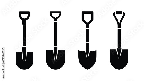 Four black silhouette shovels on a white background
