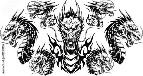 Intricate Black and White Dragon Head Tattoo Design Set, Furious Mythological Creatures with Flames and Tribal Details, Isolated Vector Illustration for Print, Apparel, and Graphics