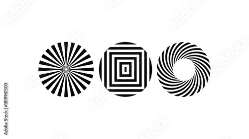 Three abstract optical illusion shapes with black and white patterns