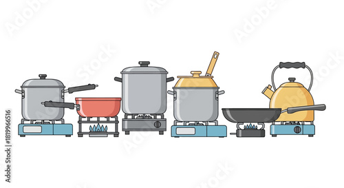 A collection of various kitchen pots, pans, and a kettle on portable gas stoves, ready for cooking. Flat vector illustration isolated on white