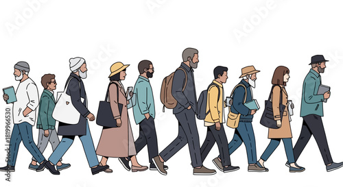 Illustration of a diverse group of people from different generations walking together in a single line. Concept of community and society moving forward