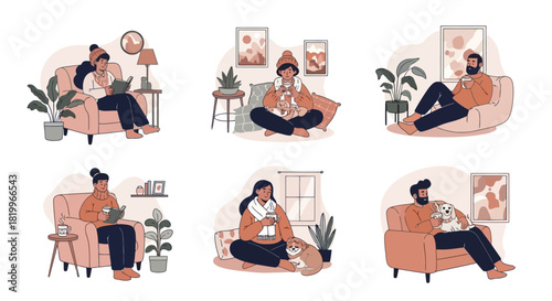 Cozy Moments People Relaxing at Home with Warm Drinks, Books, and Pets
