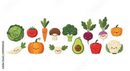 A whimsical collection of smiling cartoon vegetables, featuring a happy cabbage, carrot, mushroom, and pumpkin, perfect for educational or cheerful designs