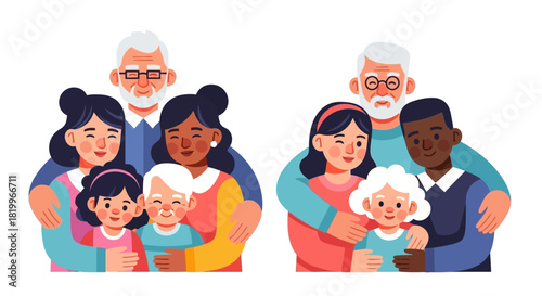 A heartwarming illustration of two happy multi-ethnic and multi-generational families embracing, showcasing love, diversity, and togetherness