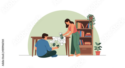 A young couple collaborates on a large jigsaw puzzle at a table, representing teamwork, partnership, and shared hobbies at home