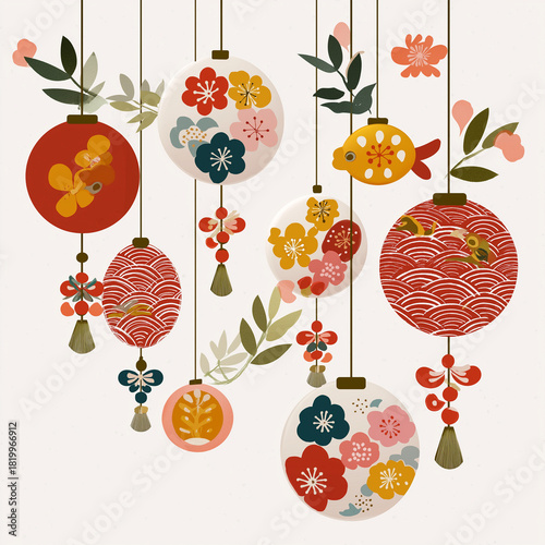 和の美しさを表現したデザインで、2026年の年賀状や新年の挨拶に最適な日本の伝統を感じるイラスト素材｜年賀、新年、正月、和柄、和風、日本、祝い、挨拶、伝統、装飾、背景、素材、イメージ、干支、デザイン、華やか