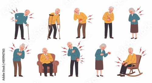 Elderly Health Issues Cartoon Set of Ailing Seniors