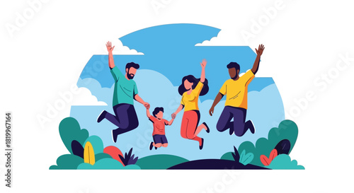 Joyful Family Leaping in Nature Illustration of Happiness and Togetherness