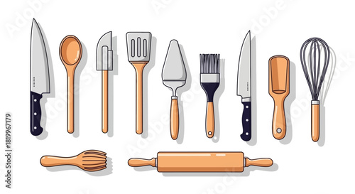 Collection of assorted kitchen utensils for baking and cooking, including spatulas, whisks, knives, and rolling pins