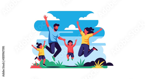 Vibrant vector illustration depicting a joyful family of four, including parents and two children, enthusiastically leaping together outdoors, celebrating happiness, freedom, and togetherness