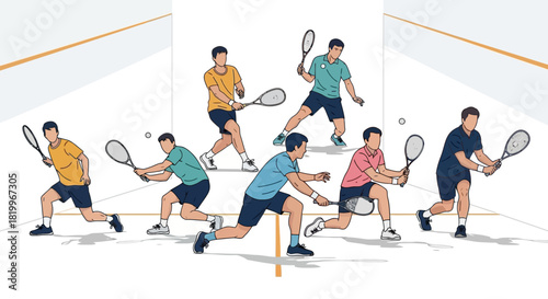 Illustrative depiction of athletes engaged in intense squash game play, showcasing dynamic movements and competitive spirit on court