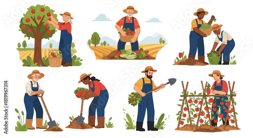 Diverse Farmers Harvesting Crops in Various Farming Activities A Colorful Illustration Set