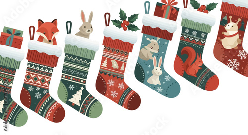 Christmas Stockings Filled with Adorable Animals and Festive Gifts