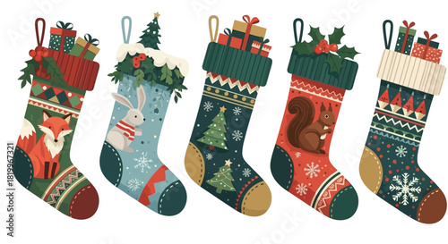 Festive Holiday Christmas Stockings Filled with Gifts, Festive Decorations for the Winter Season
