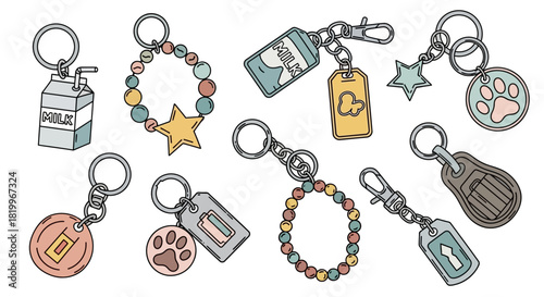 Creative vector illustration of a diverse set of cute keychains, including paw prints, stars, and beaded charms for personal accessories