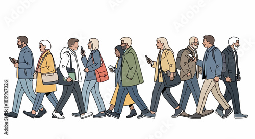 Diverse individuals, spanning generations, walk forward, each engrossed in their mobile phone, highlighting modern digital reliance and constant connectivity in daily life