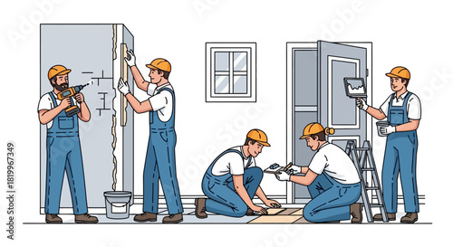 Team of skilled construction workers diligently engaged in various home renovation tasks, including plastering, tiling, and painting for a complete house improvement project